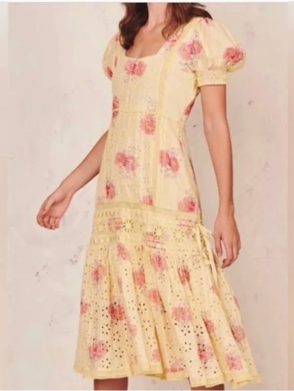 LoveShackFancy Yellow Floral Eyelet Midi Dress with Pink Daisies